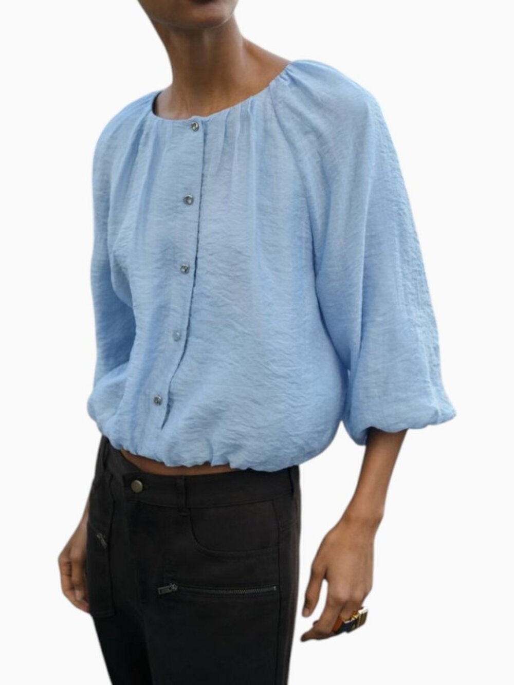 NWT ZARA FLUID GATHERED BLOUSE SKY BLUE PUFF SLEEVE SIZE M